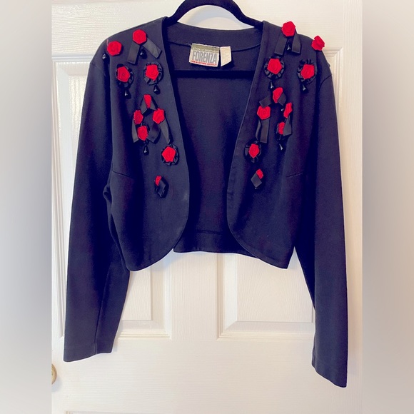 Vintage Forenza Black Cardigan Sweater with Red Roses and beads Size Large - Picture 2 of 6